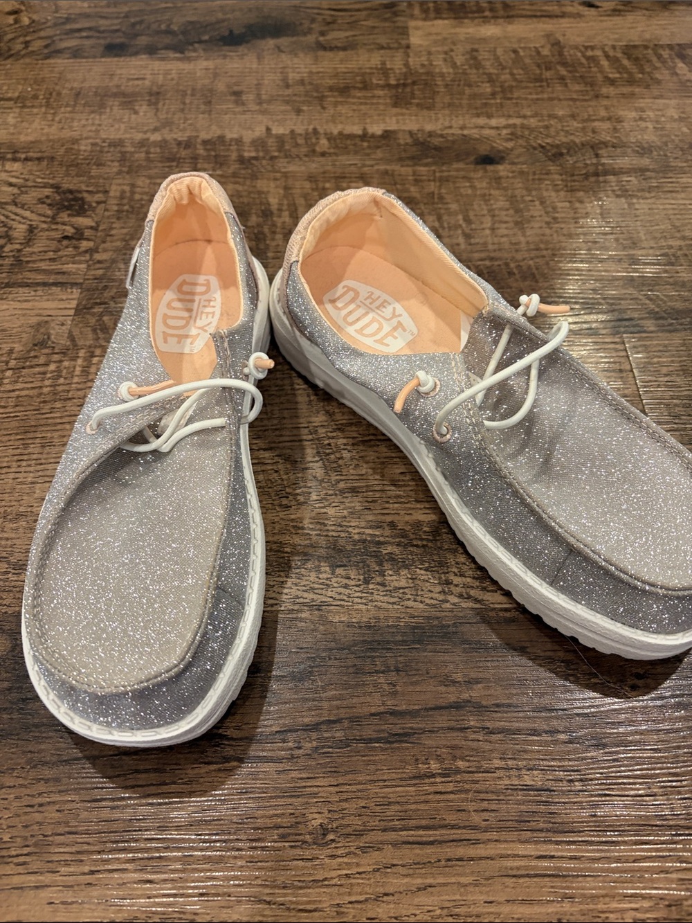 Hey Dude Glitter Slip-On Shoes in Silver with Peach Interior